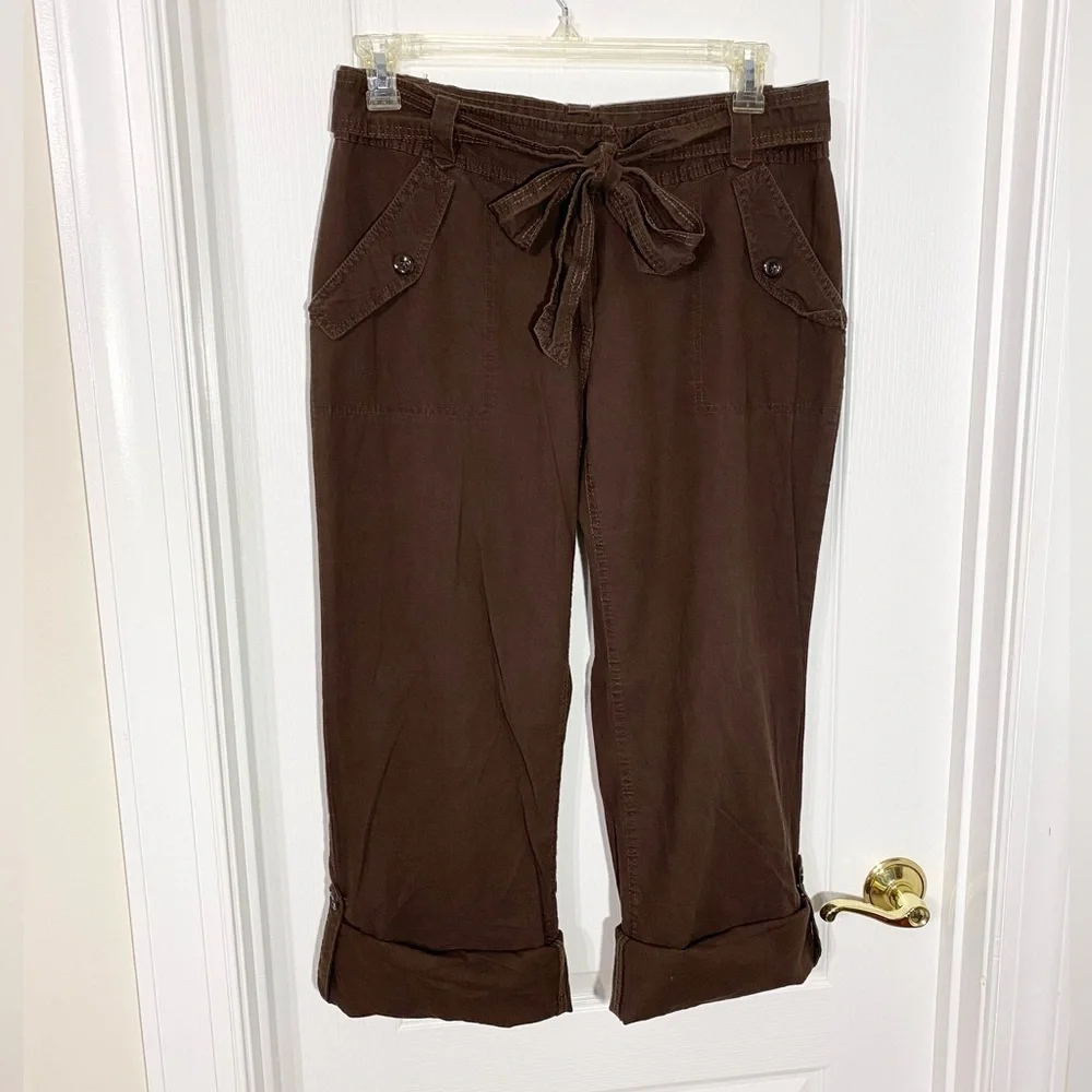 Y2K H&M LINEN Blend Roll Tab Hem Wide Leg Pants Brown Size 12